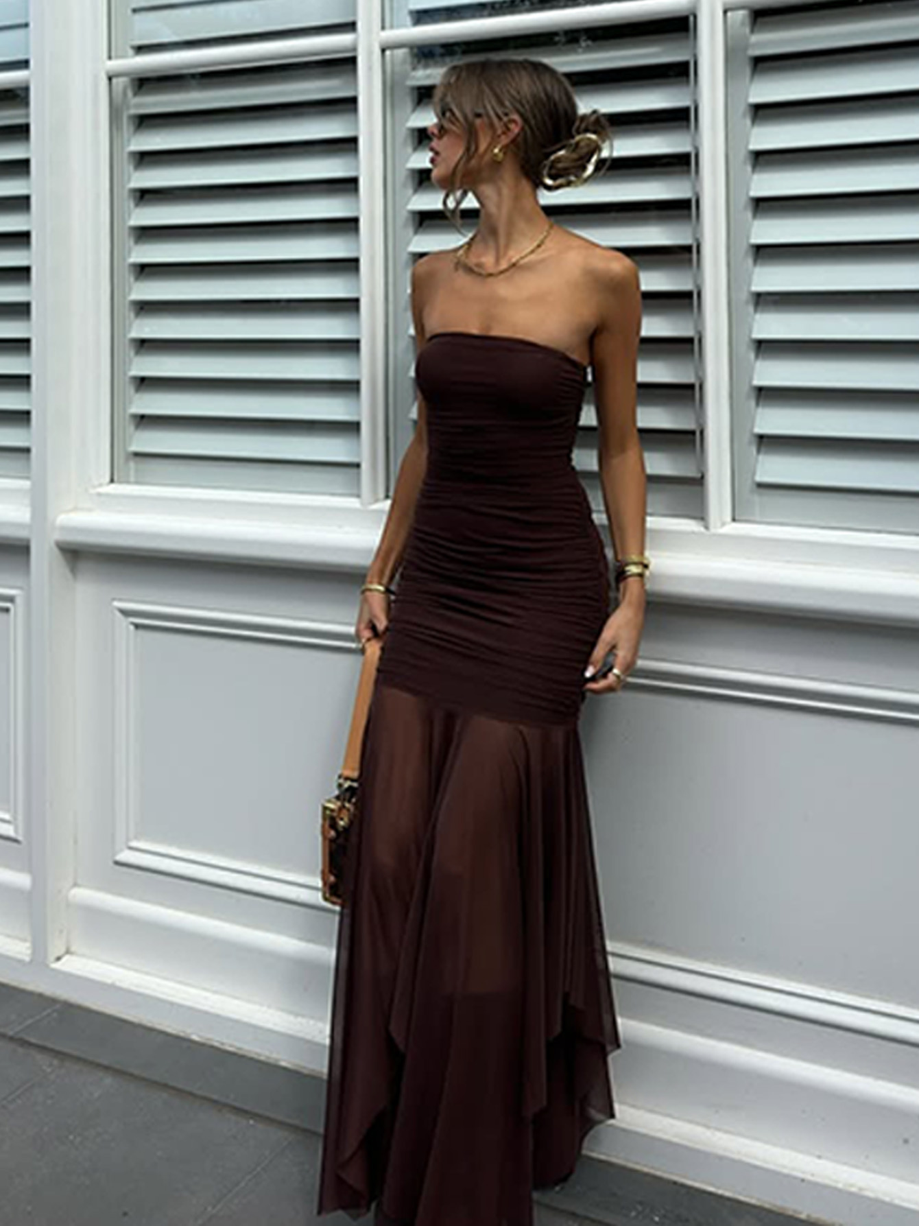 Off - the - Shoulder Sleeveless Pleated Slim - Fit Lace Long Dress 