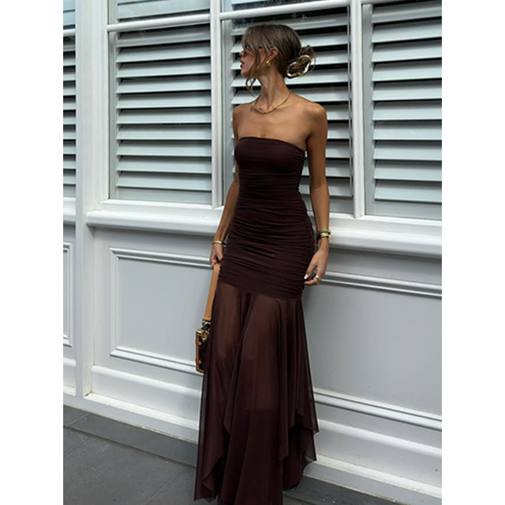 Off - the - Shoulder Sleeveless Pleated Slim - Fit Lace Long Dress 