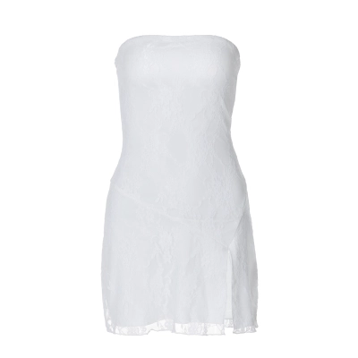 Strapless Lace - Spliced Fitted Sexy Slit Short Dress 01