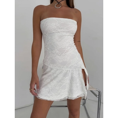 Strapless Lace - Spliced Fitted Sexy Slit Short Dress 02