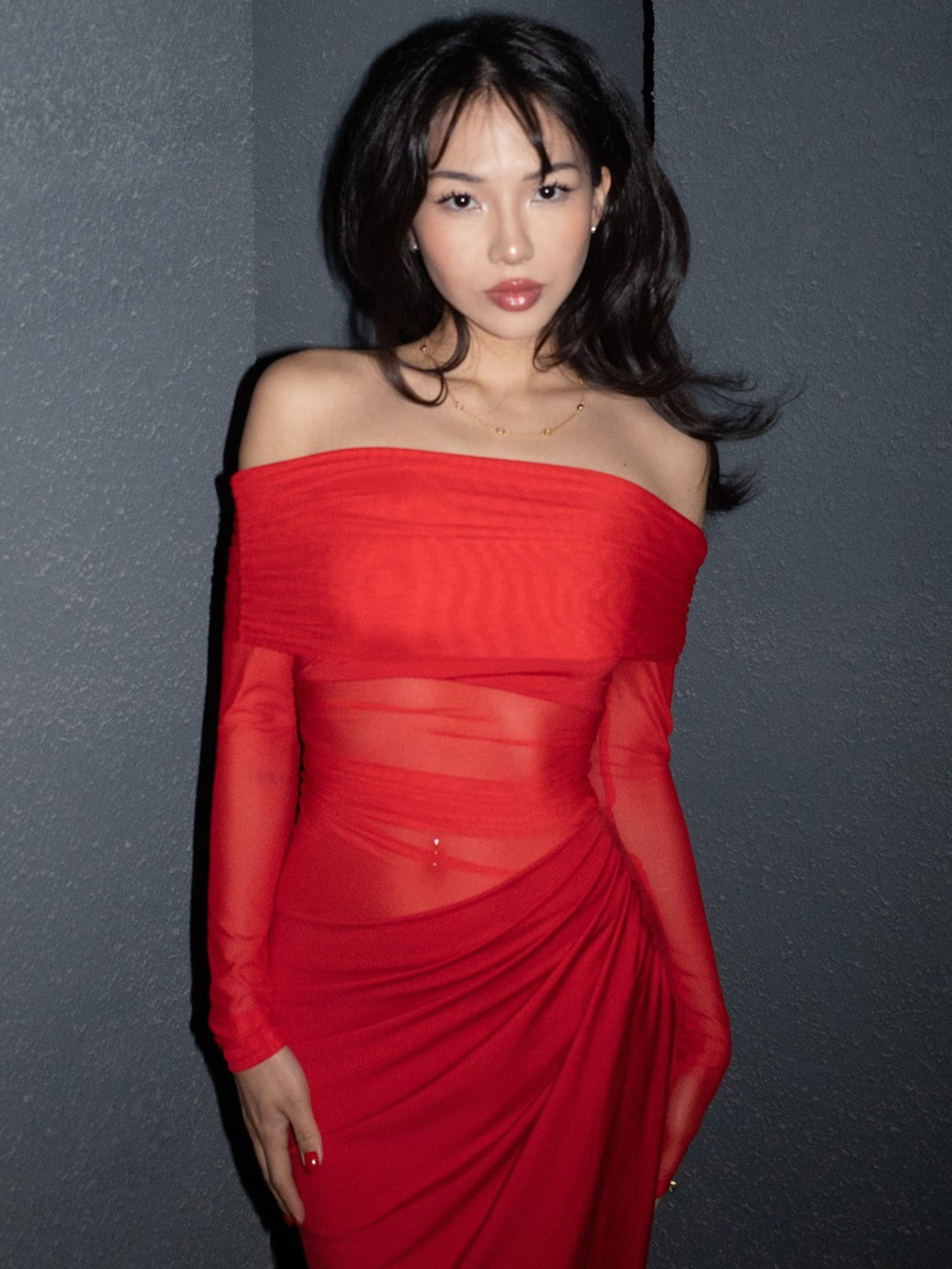 Sheer Mesh One - Shoulder Long Sleeve Dress