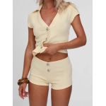 Women's Button. Short Sleeve T - shirt & High - waisted Slim Shorts Set