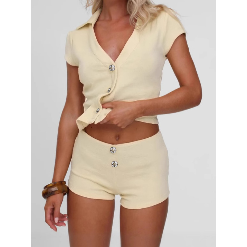 Women's Button. Short Sleeve T - shirt & High - waisted Slim Shorts Set
