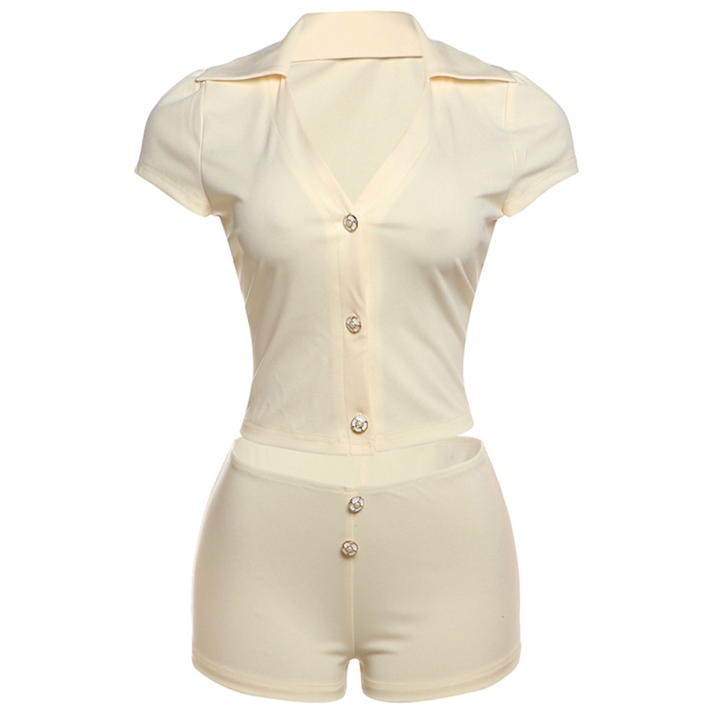 Women's Button. Short Sleeve T - shirt & High - waisted Slim Shorts Set