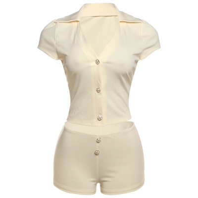 Women's Button. Short Sleeve T - shirt & High - waisted Slim Shorts Set 01