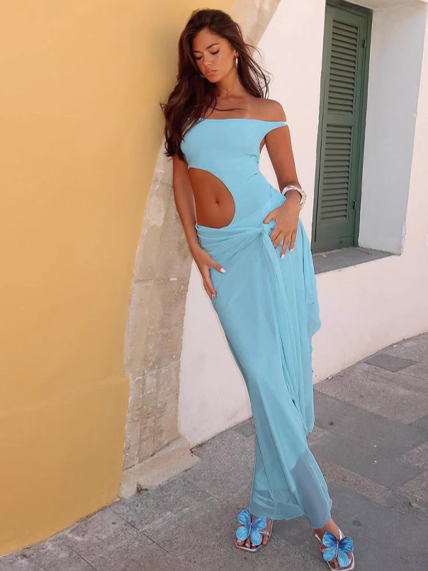 Sheer Mesh One-Shoulder Hollow-Out Dress