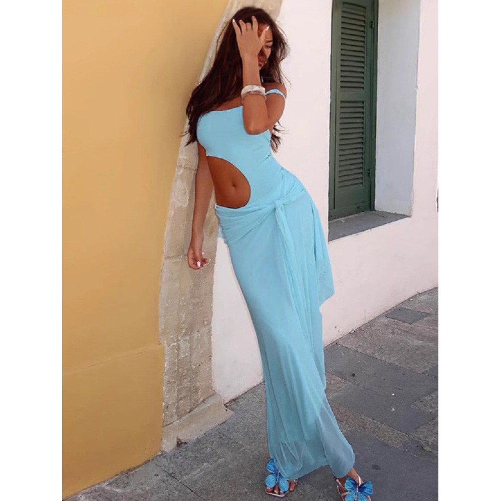 Sheer Mesh One-Shoulder Hollow-Out Dress
