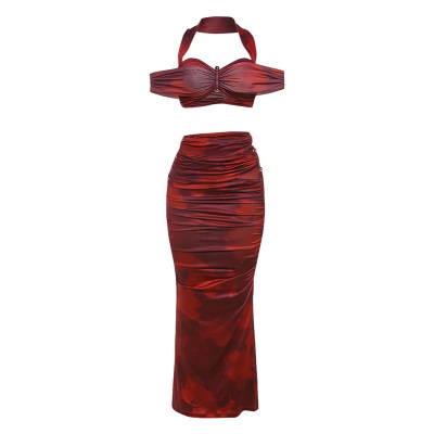 Off - the - Shoulder Top & Pleated Skirt Set 01
