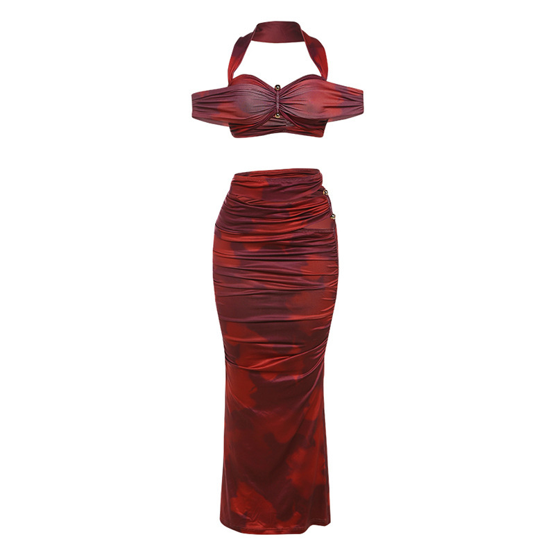 Off - the - Shoulder Top & Pleated Skirt Set