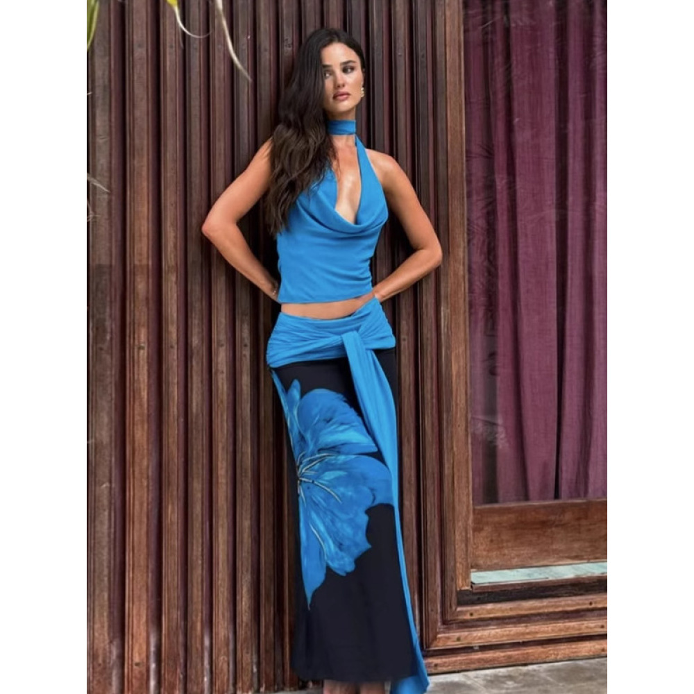 Halter - Neck Bodysuit & Color - Blocked Skirt Set