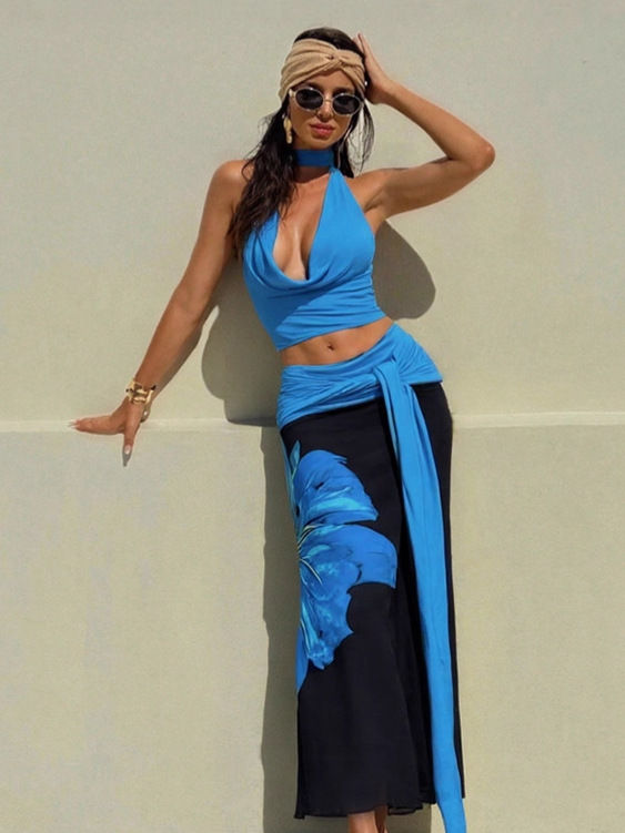 Halter - Neck Bodysuit & Color - Blocked Skirt Set