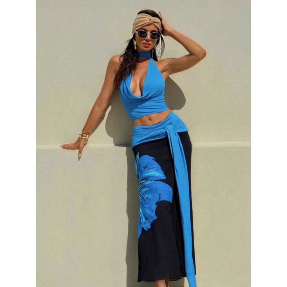 Halter - Neck Bodysuit & Color - Blocked Skirt Set