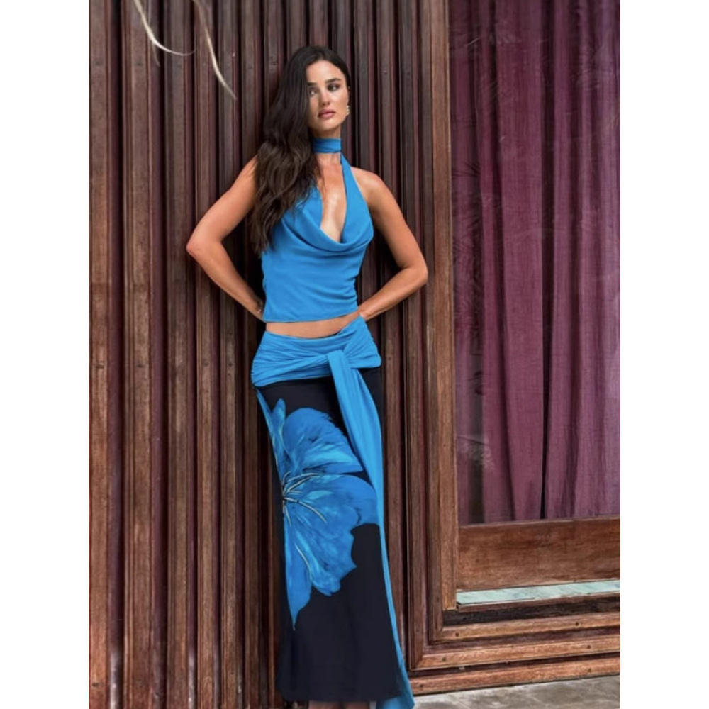 Halter - Neck Bodysuit & Color - Blocked Skirt Set