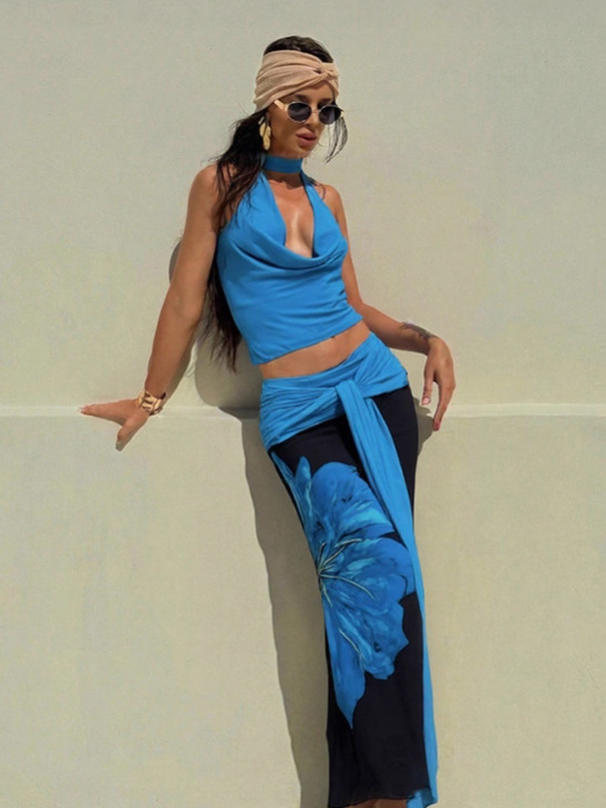 Halter - Neck Bodysuit & Color - Blocked Skirt Set