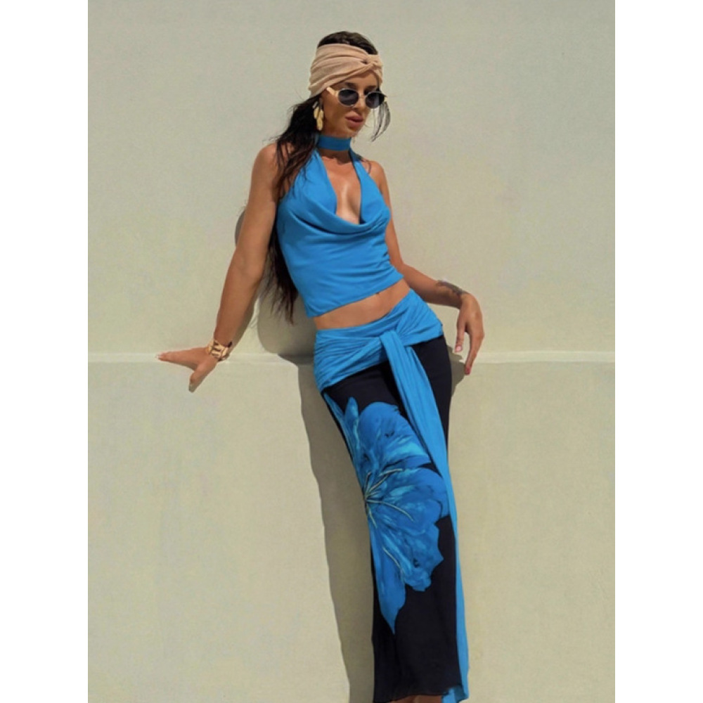 Halter - Neck Bodysuit & Color - Blocked Skirt Set