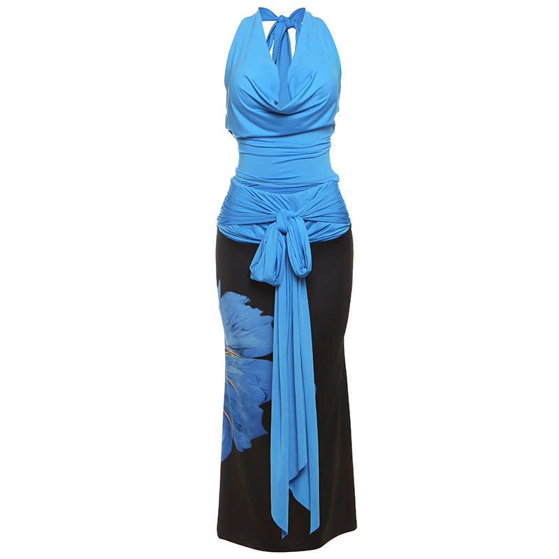 Halter - Neck Bodysuit & Color - Blocked Skirt Set