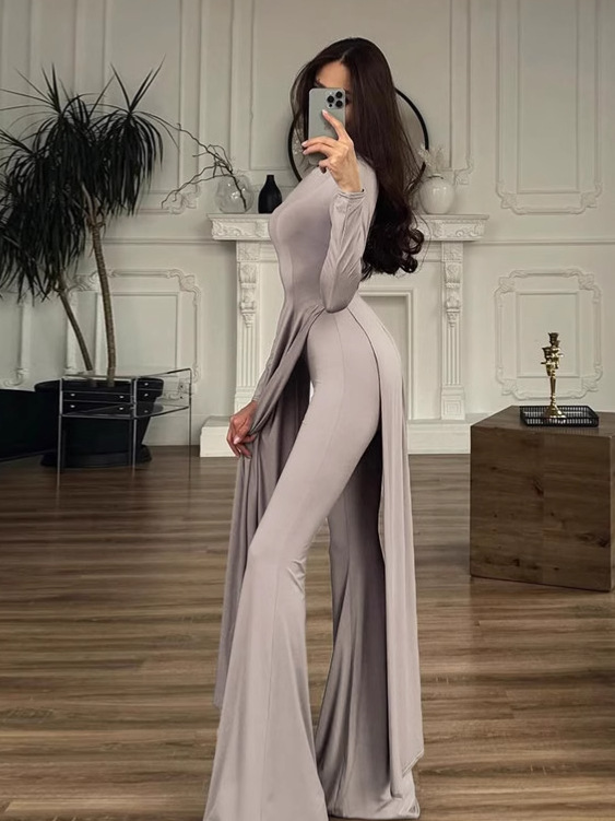 Round - Neck Split Long - Sleeve Slim Fit Flared Pant Set