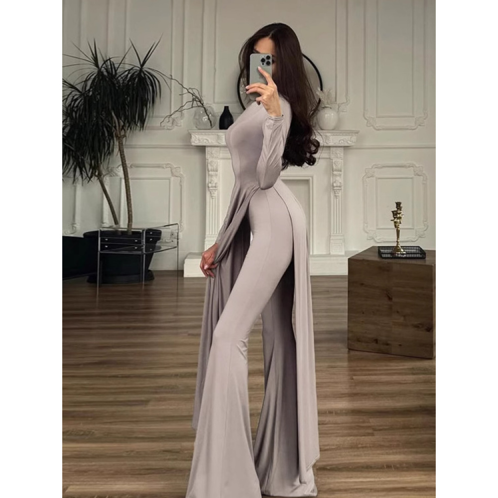 Round - Neck Split Long - Sleeve Slim Fit Flared Pant Set