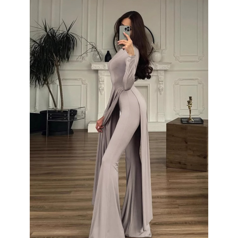 Round - Neck Split Long - Sleeve Slim Fit Flared Pant Set