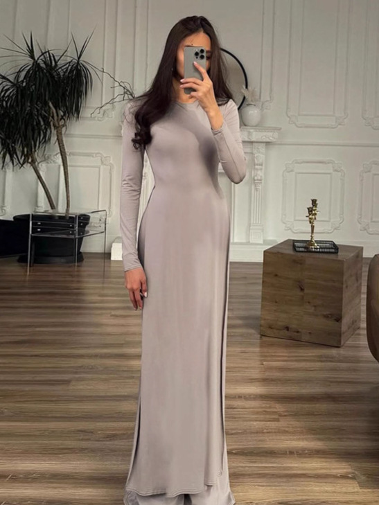 Round - Neck Split Long - Sleeve Slim Fit Flared Pant Set