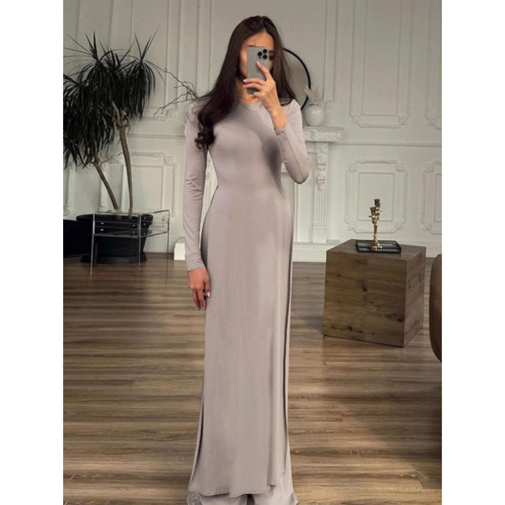 Round - Neck Split Long - Sleeve Slim Fit Flared Pant Set