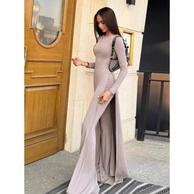 Round - Neck Split Long - Sleeve Slim Fit Flared Pant Set 02