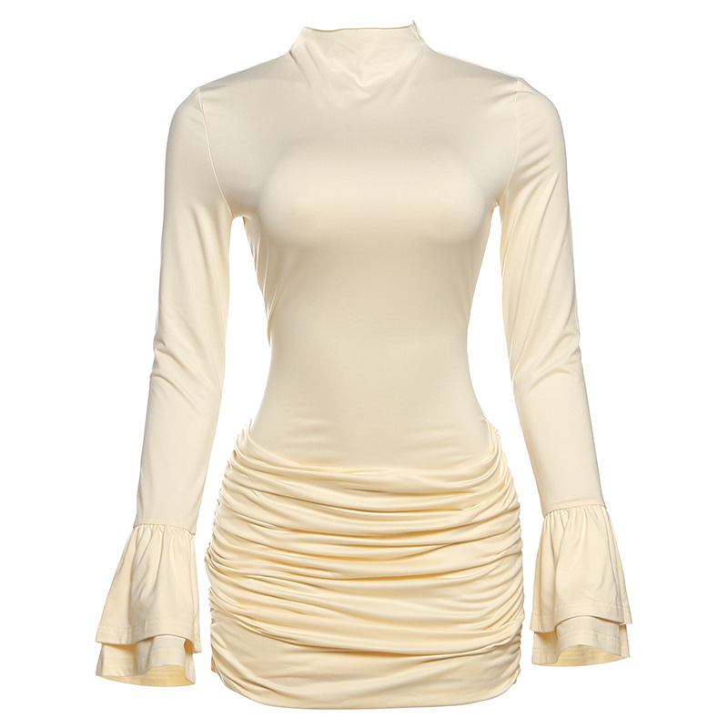 Mock - Neck Pleated Slim Fit Trumpet - Sleeve Dress