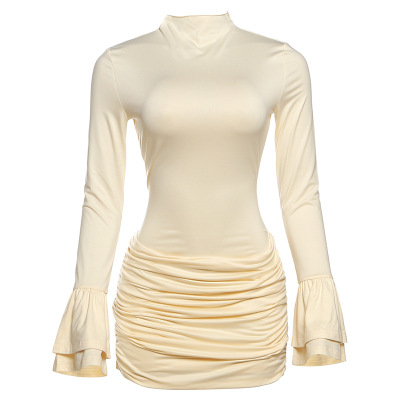Mock - Neck Pleated Slim Fit Trumpet - Sleeve Dress 01