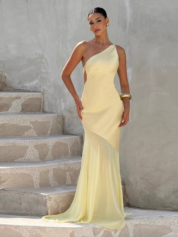 Chiffon - Spliced Asymmetrical - Neck Tie - Up Dress