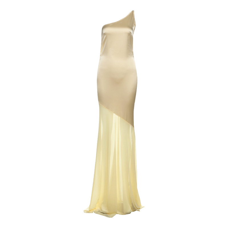 Chiffon - Spliced Asymmetrical - Neck Tie - Up Dress