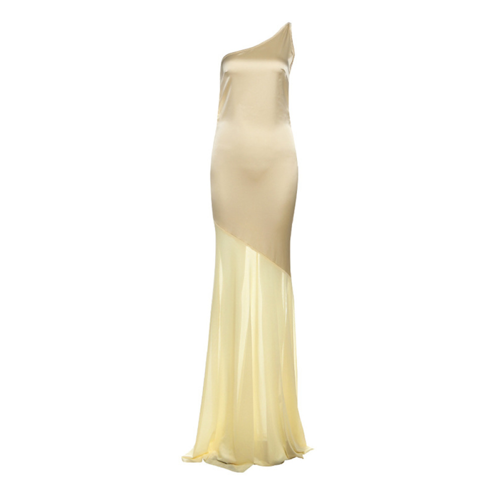 Chiffon - Spliced Asymmetrical - Neck Tie - Up Dress