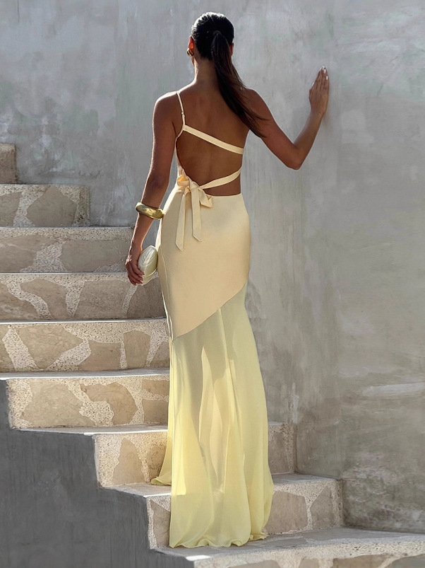 Chiffon - Spliced Asymmetrical - Neck Tie - Up Dress