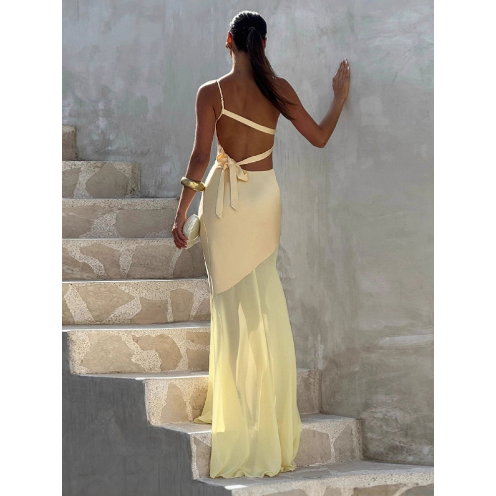 Chiffon - Spliced Asymmetrical - Neck Tie - Up Dress