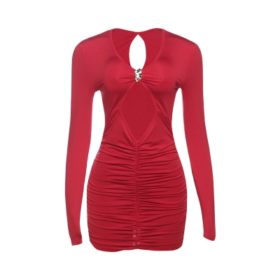 Hollow - out Pleated Sheath Long - Sleeve V - Neck Dress 01