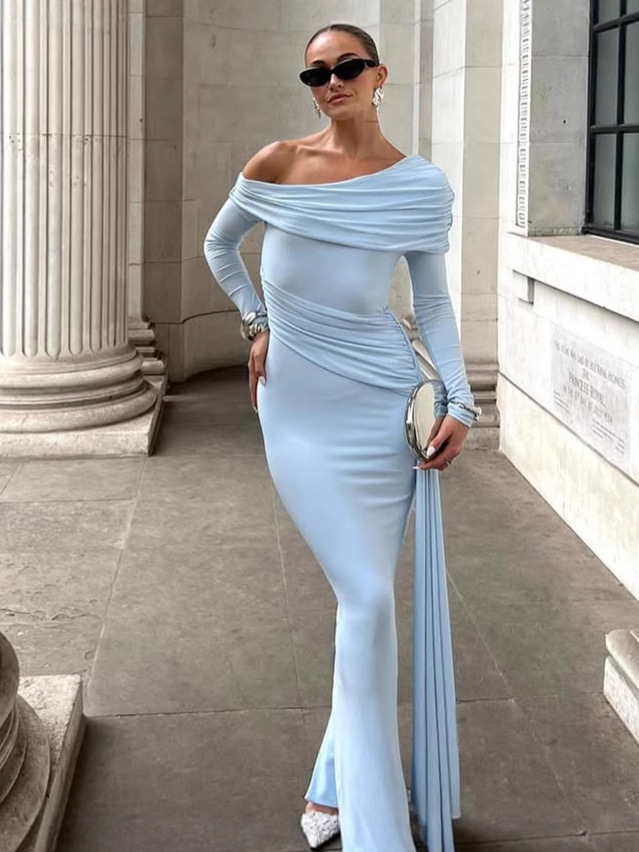 Off - the - Shoulder Slim Fit Bodycon Slit Long - Sleeve Dress