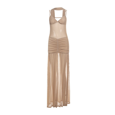 Mesh Backless Ruffled Scarf - Neck Dress 01