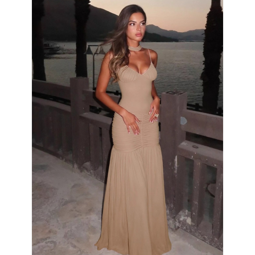 Mesh Backless Ruffled Scarf - Neck Dress
