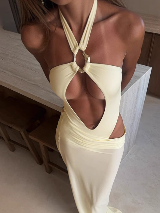 Sexy Hollow - out Halter Bodysuit & Skirt Set