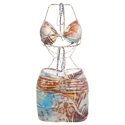 Tie - up Contrast Color Knot Chain Print Slim - fit Dress 01