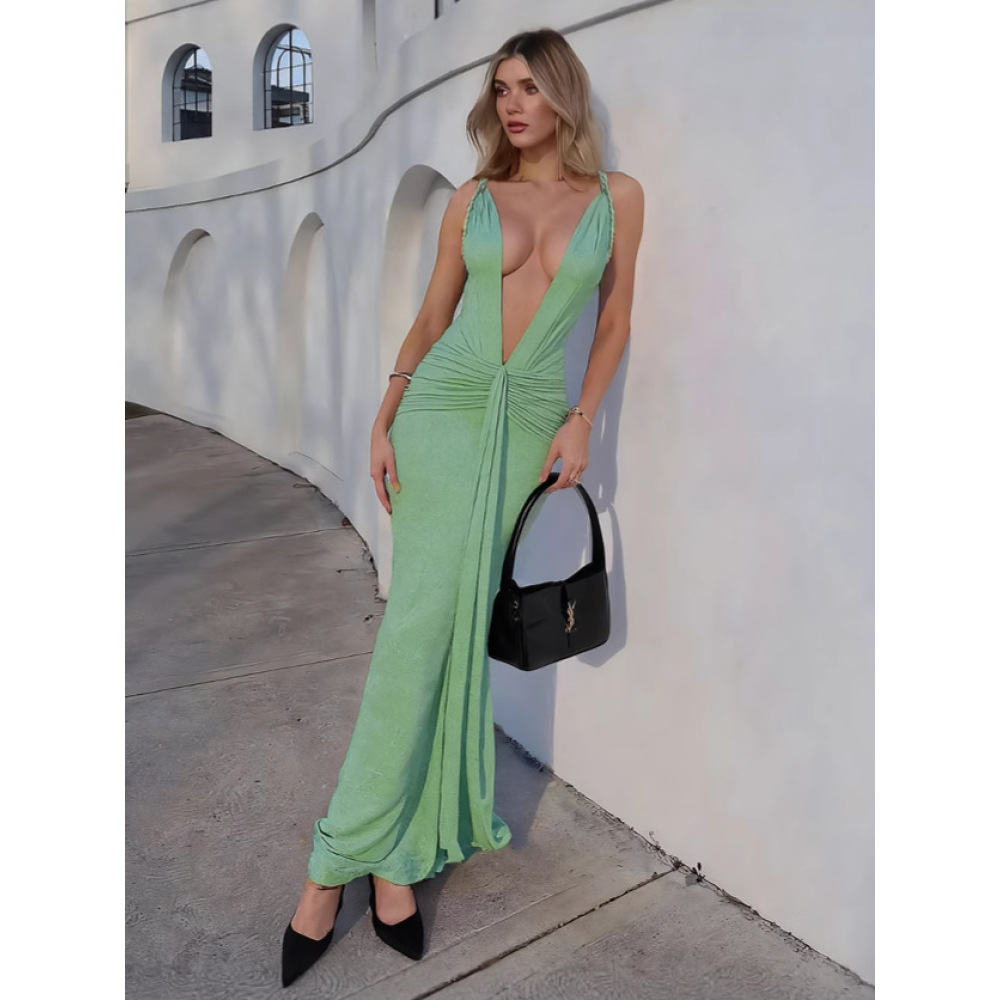 Deep - V Tie - up Slim - fit Backless Solid - color Dress