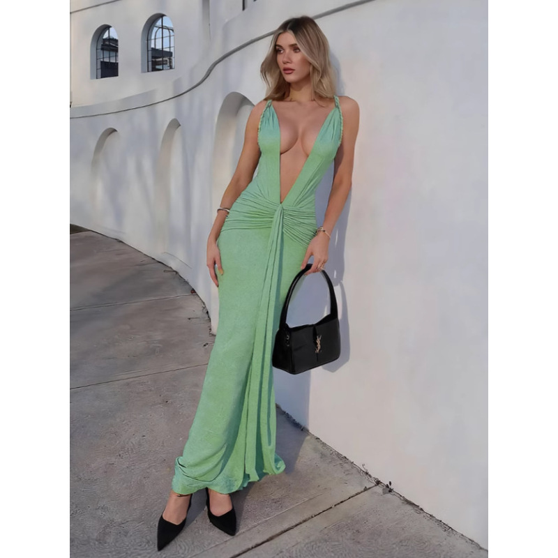 Deep - V Tie - up Slim - fit Backless Solid - color Dress