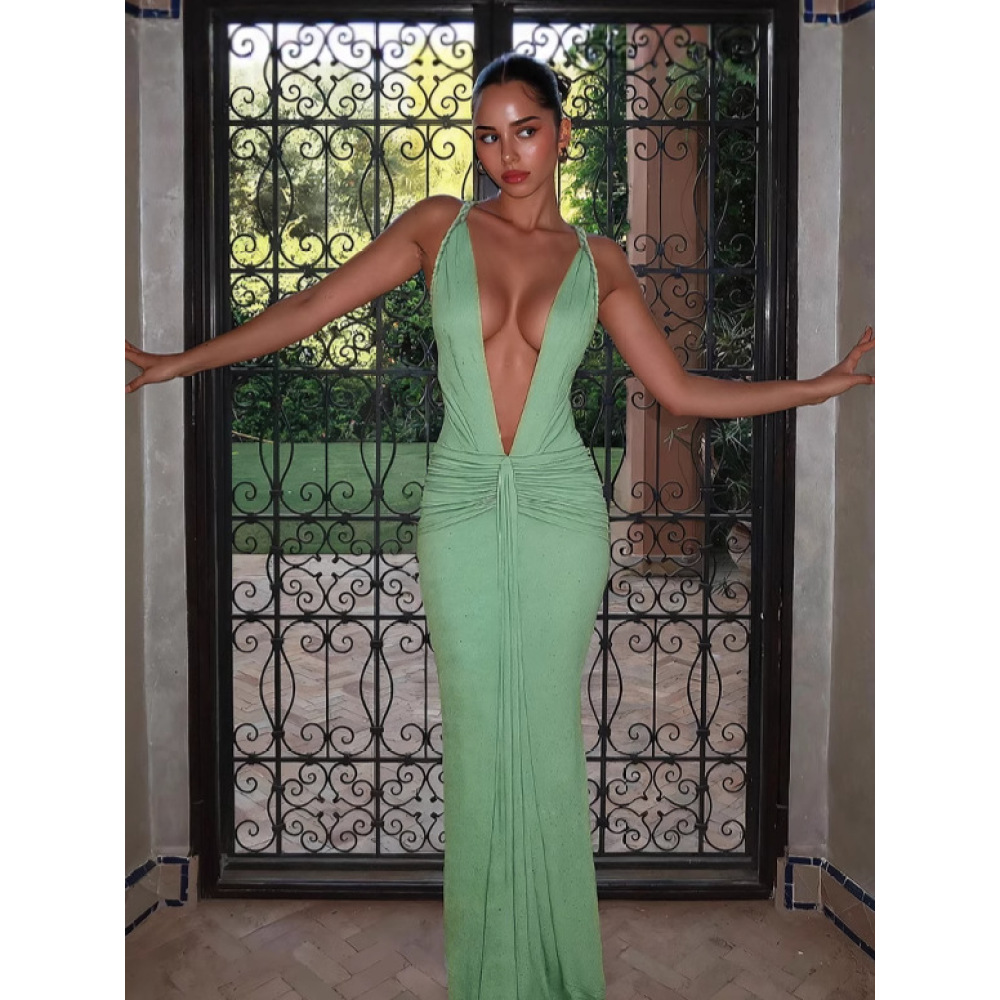 Deep - V Tie - up Slim - fit Backless Solid - color Dress