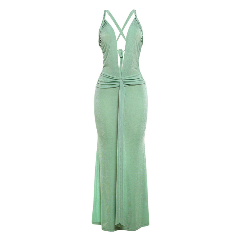 Deep - V Tie - up Slim - fit Backless Solid - color Dress
