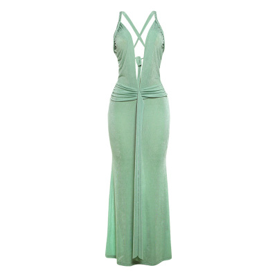 Deep - V Tie - up Slim - fit Backless Solid - color Dress 01