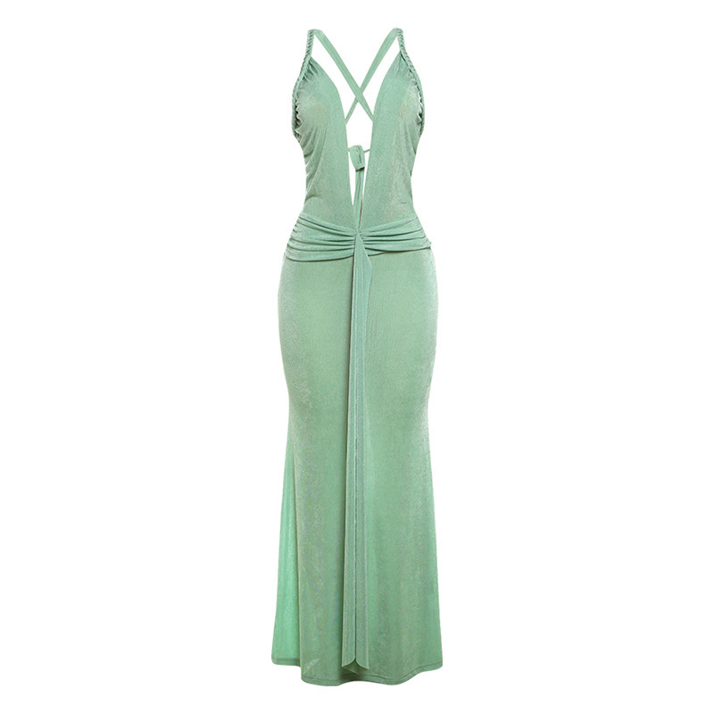 Deep - V Tie - up Slim - fit Backless Solid - color Dress