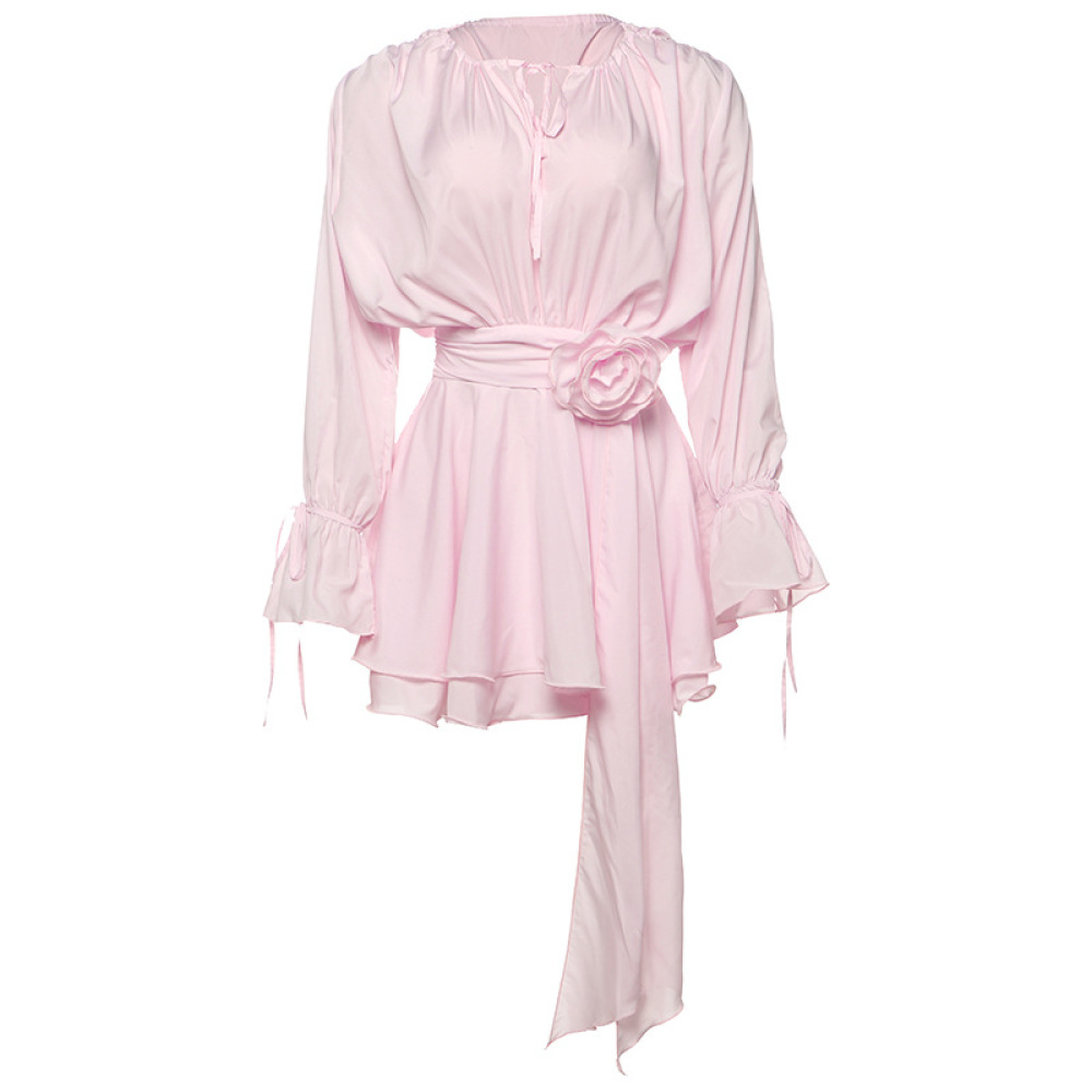 Tie - up Floral Trumpet Sleeve Bodycon Dress