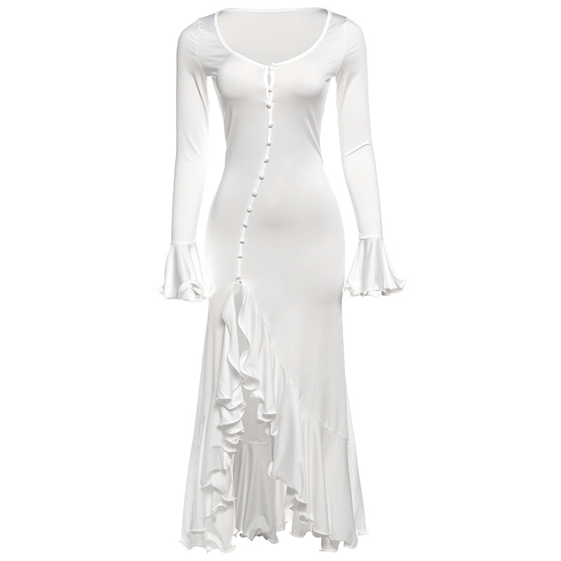 Slim - fit Solid - color Long - sleeve V - neck Ruffle Split Dress