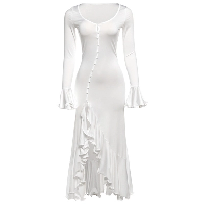 Slim - fit Solid - color Long - sleeve V - neck Ruffle Split Dress 01