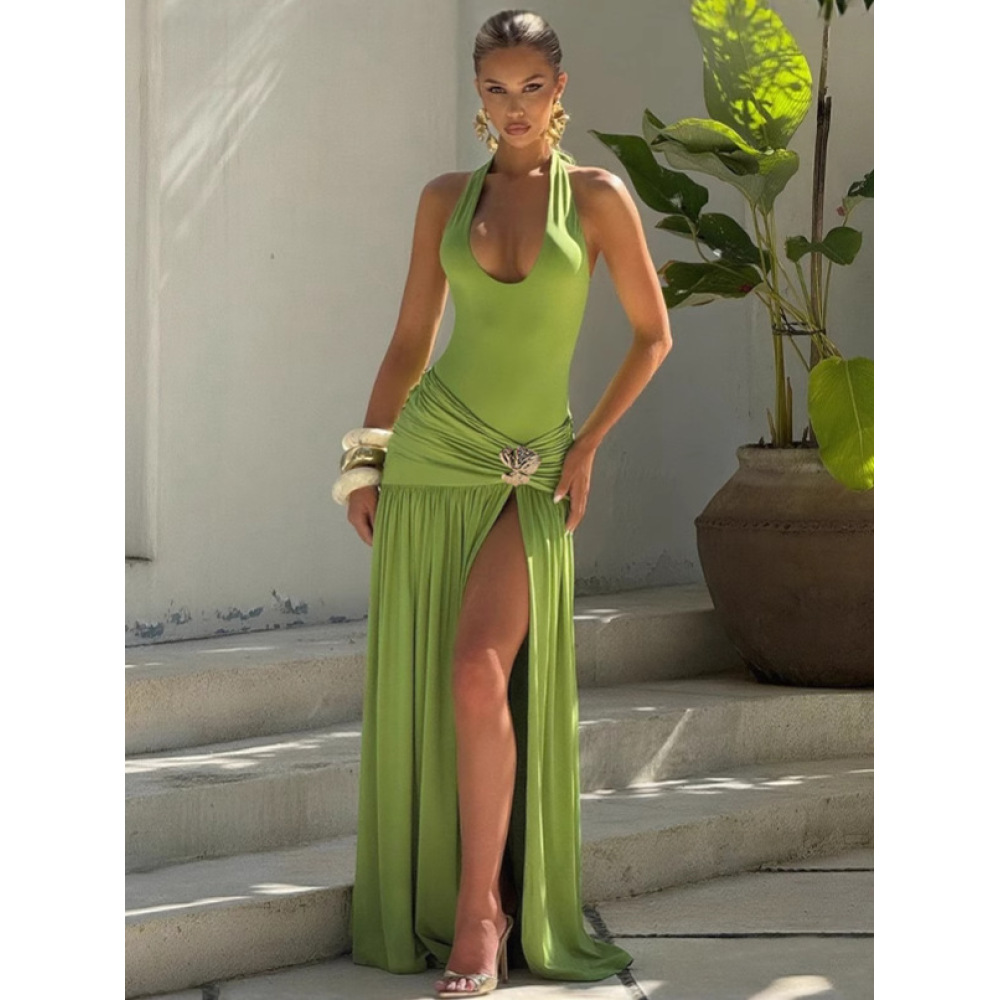 Backless Pleated Split Dress