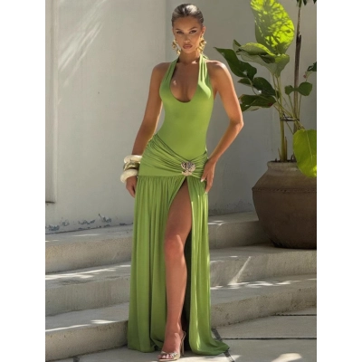 Backless Pleated Split Dress 02
